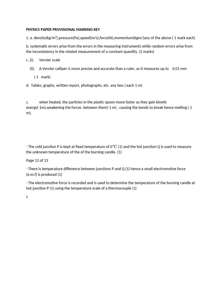 Provisional Marking Key for Physics Paper | PDF