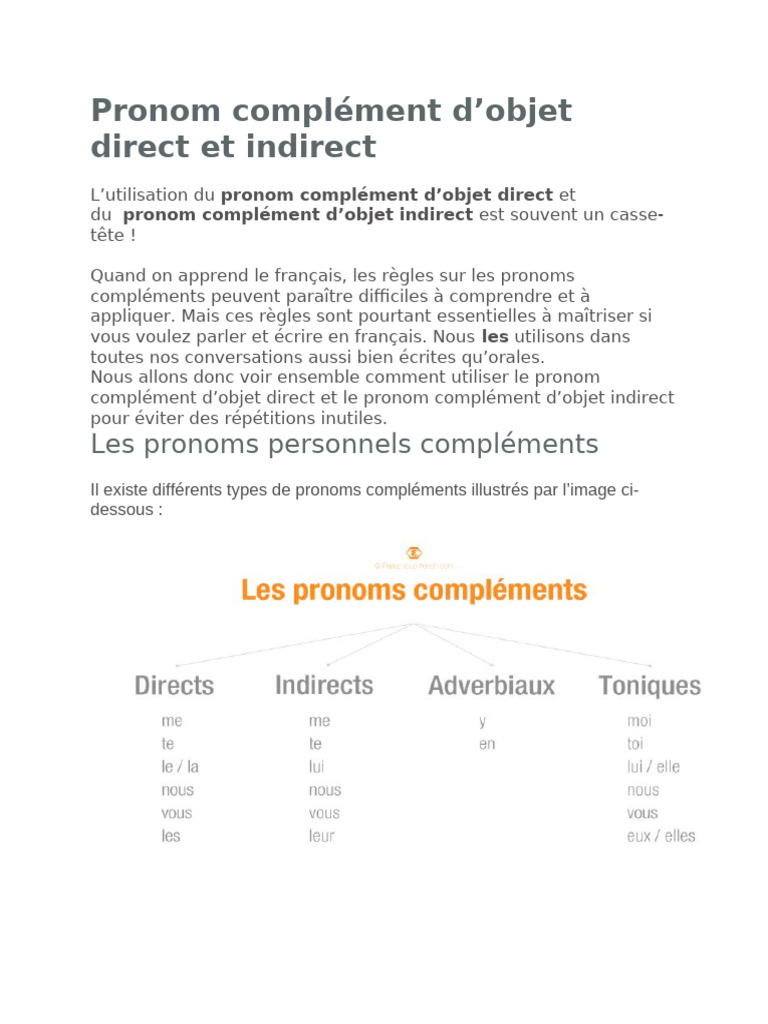 Utilisation des pronoms COD et COI en français | PDF | Complément d ...