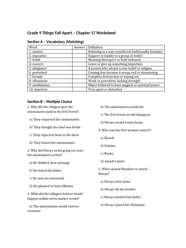 Grade 9 Worksheet: Things Fall Apart Ch 17 | PDF