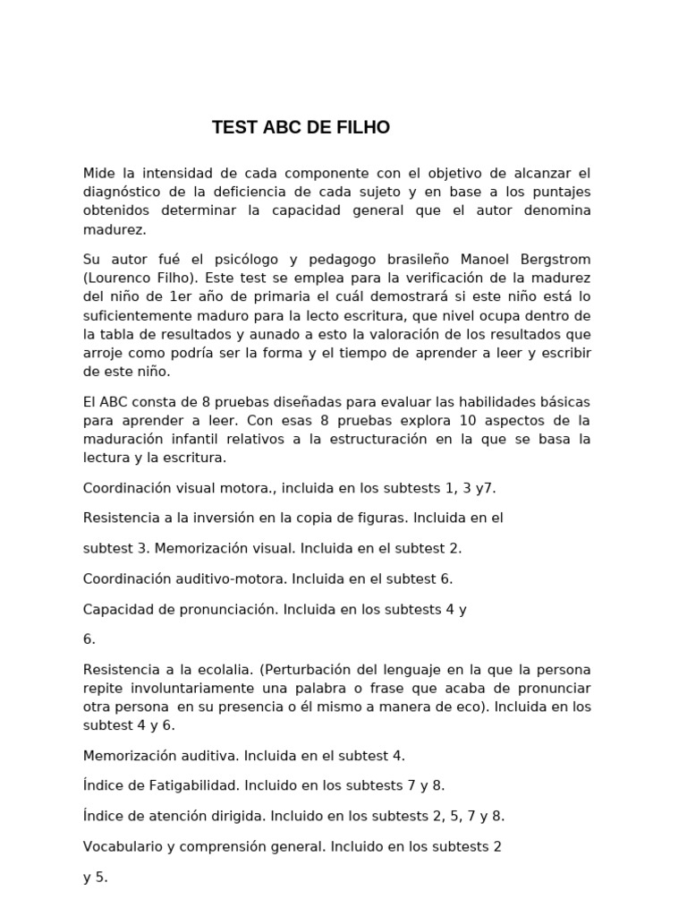 Test ABC de Madurez Infantil para Lectura | PDF | Memoria | Aprendizaje