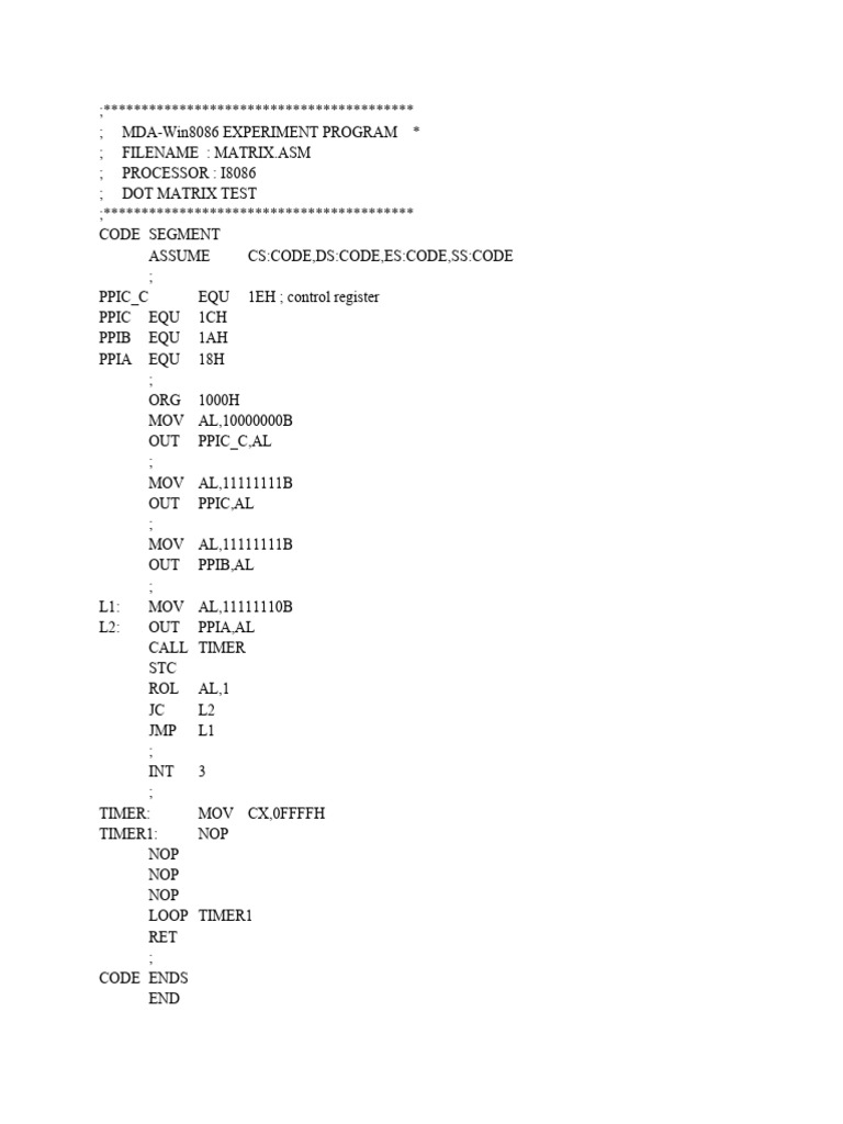 I8086 Dot Matrix Test Program | PDF