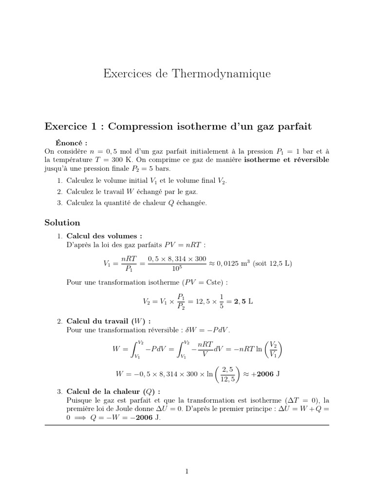 Exercices de Thermodynamique : Gaz et Carnot | PDF | Chaleur | Physique ...