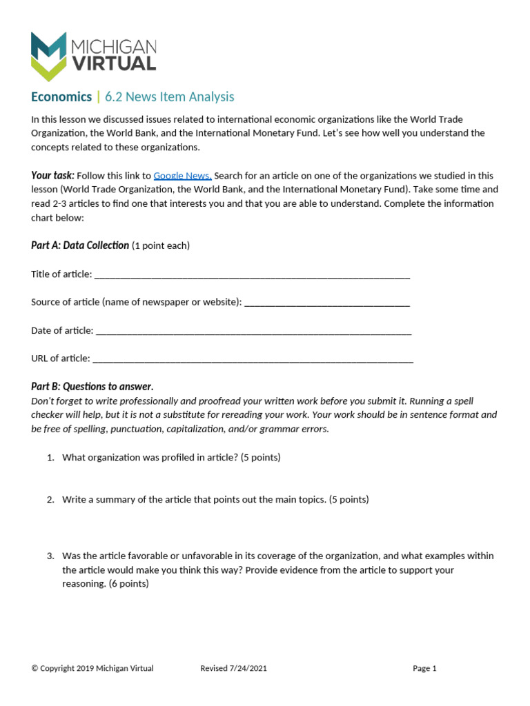 Economics News Analysis Assignment | PDF