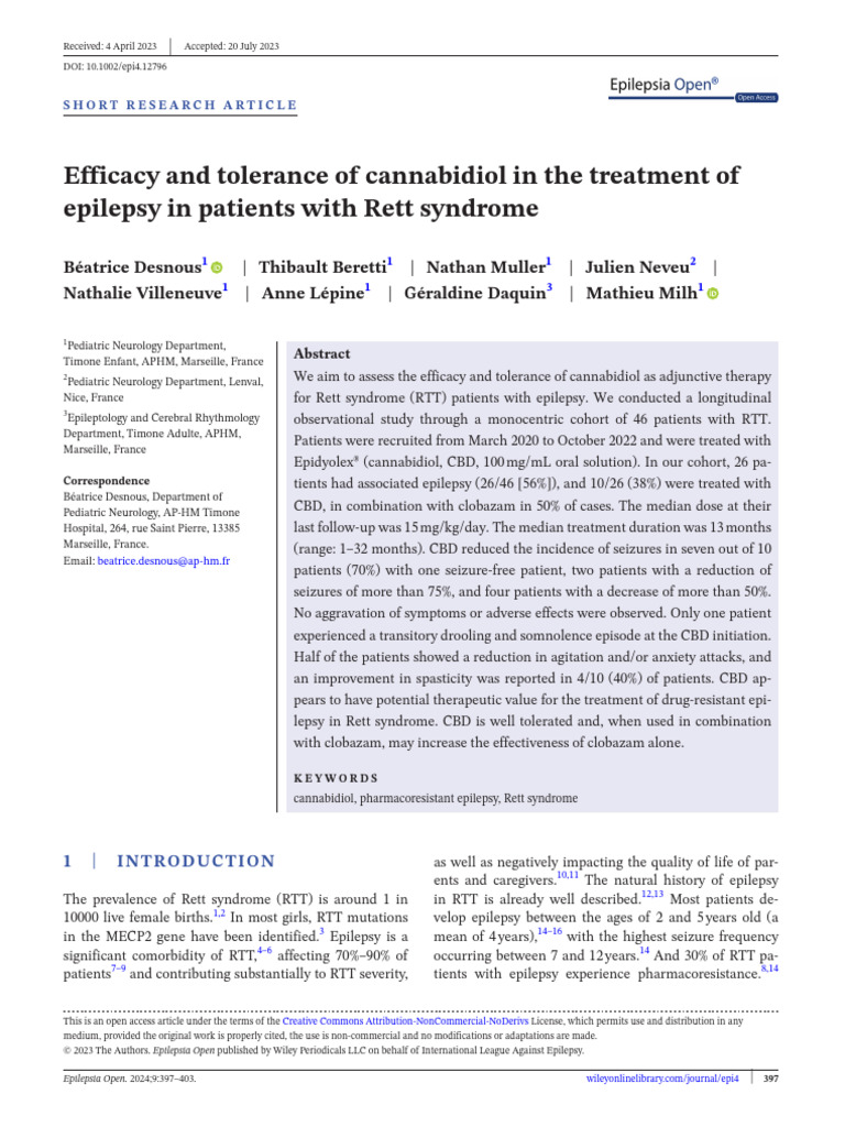 Cannabidiol for Epilepsy in Rett Syndrome | PDF | Epilepsy | Diseases ...