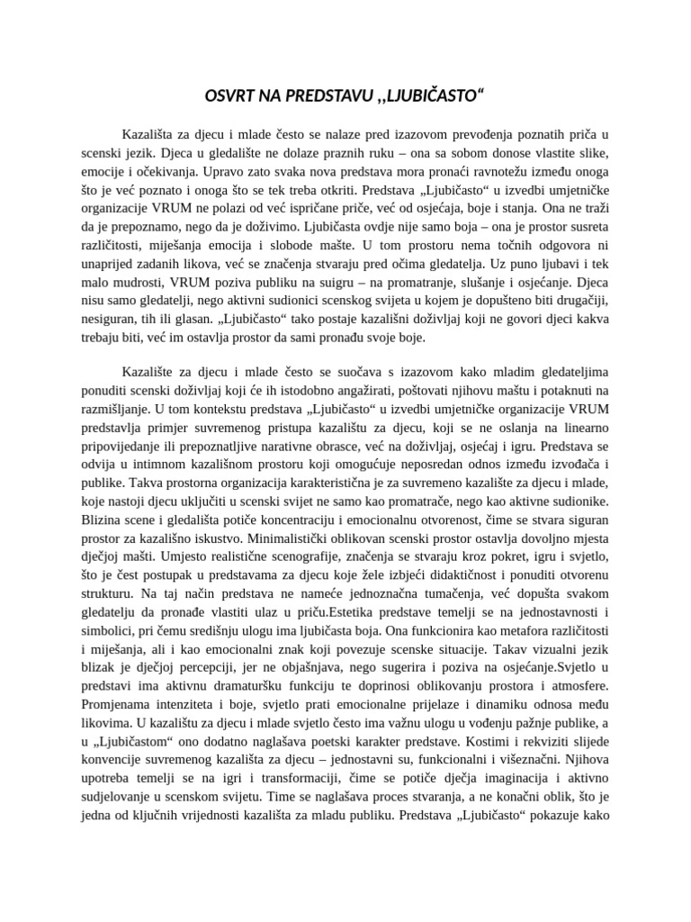 Osvrt Na Predstavu Ljubičasto - Dorotea Grabar | PDF