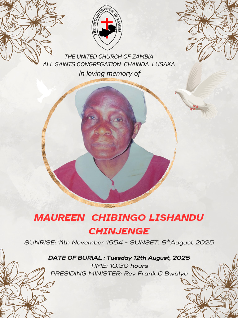 Burial Programme for Maureen Chibingo Lishangu Chinjenge | PDF