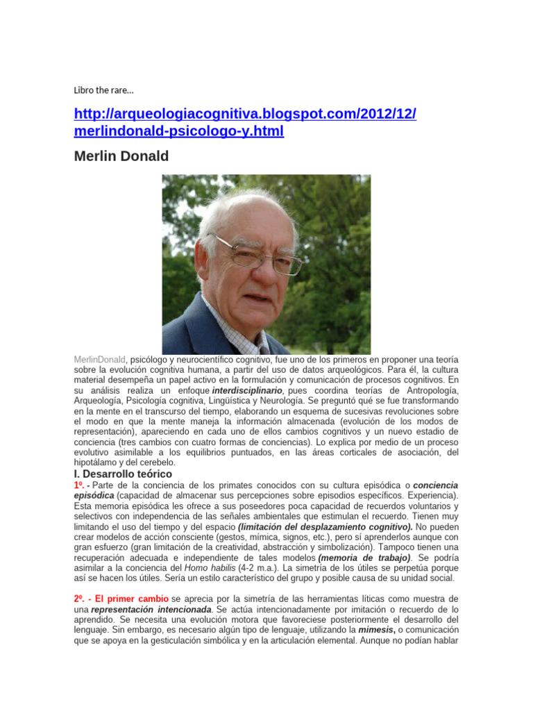 Evolución cognitiva según Merlin Donald | PDF | Memoria | Evolución