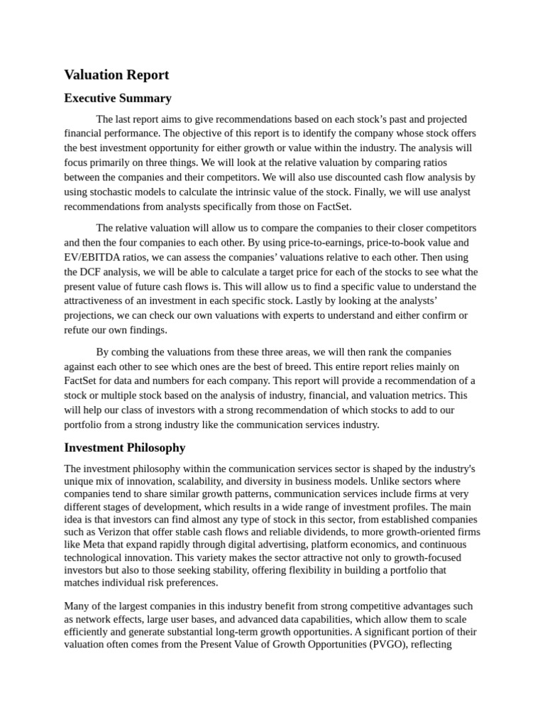 Stock Valuation Analysis Report | PDF | Valuation (Finance) | Price ...