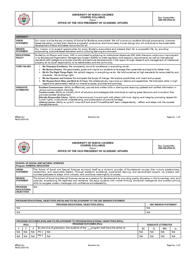 UNC General Education Course Syllabus | PDF | Communication | Learning