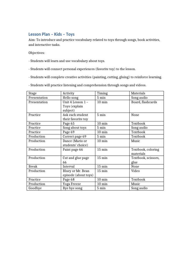 Lesson Plan Kids Toys 2 | PDF