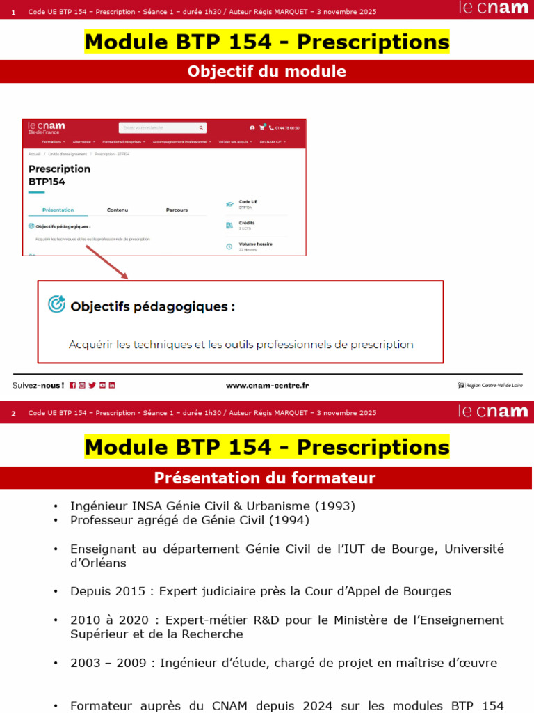 Module BTP 154 : Prescriptions et Évaluations | PDF