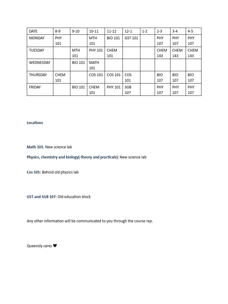 Course Schedule and Locations Guide | PDF