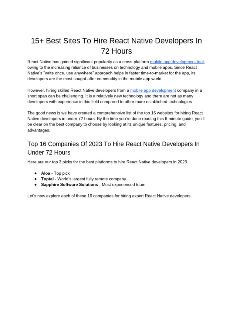 15+ Best Sites to Hire React Native Developers in 72 Hours | PDF ...