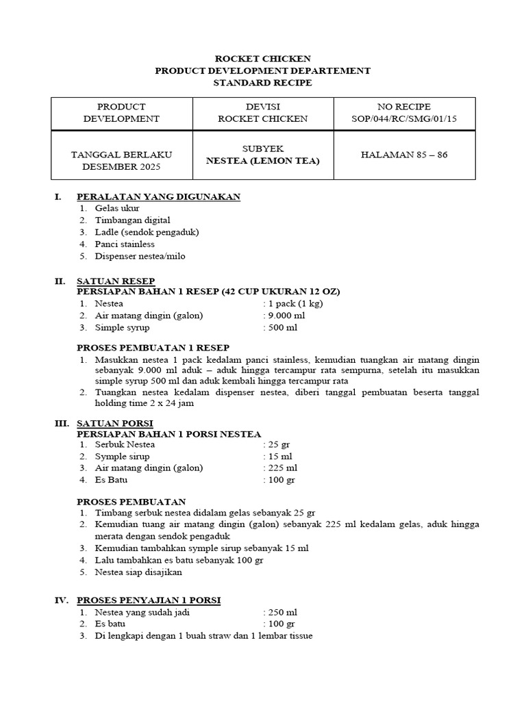 Resep Standar Nestea untuk Rocket Chicken | PDF