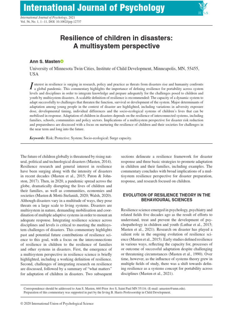 Resilience in Children During Disasters | PDF | Psychological ...