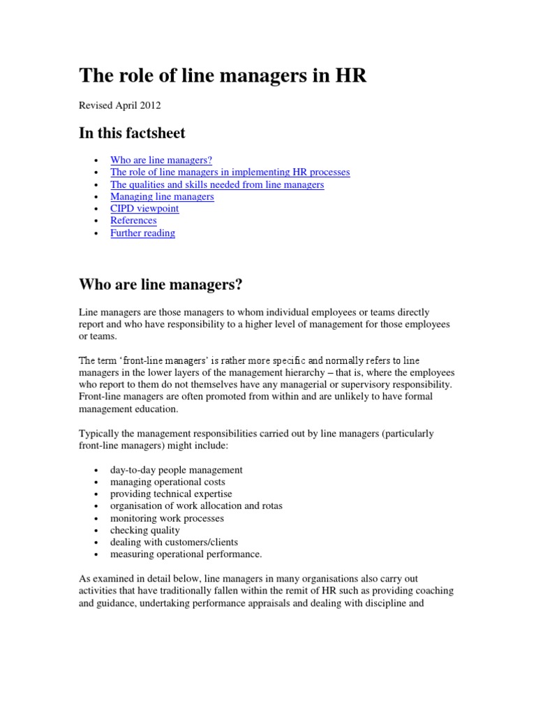 The Role Of Line Managers In Hr | Pdf | Outsourcing | Employment