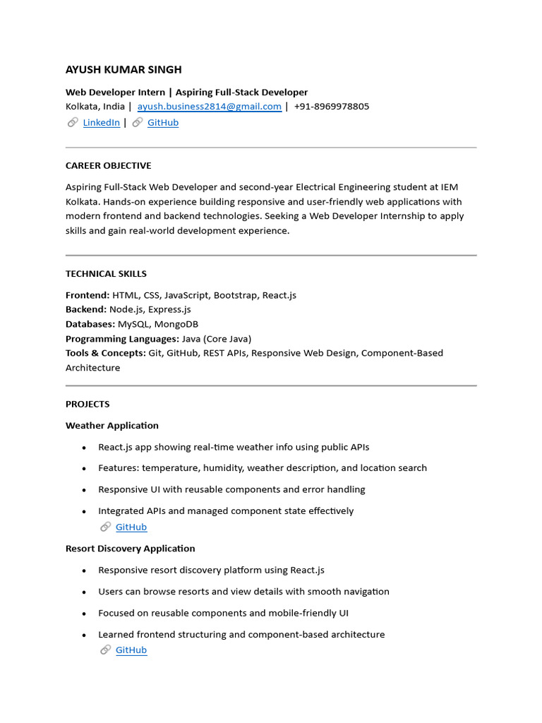 Aspiring Full-Stack Web Developer Resume | PDF | Java Script | Web ...