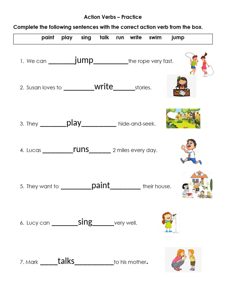 Action Verb Practice Exercises | PDF