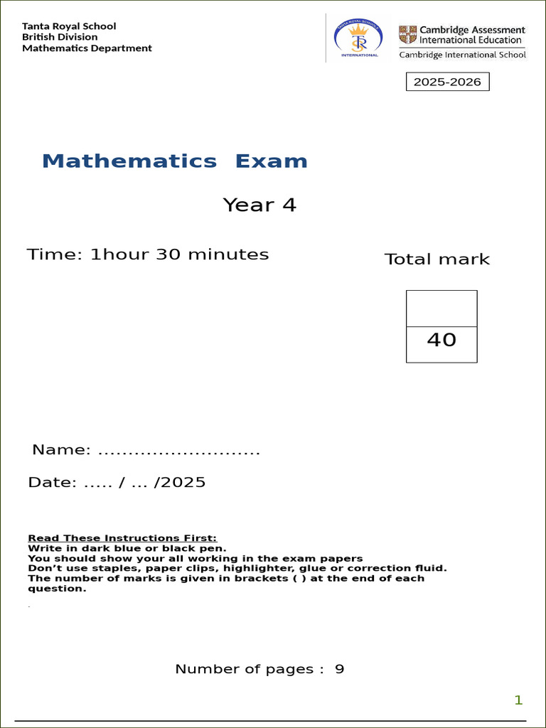 Year 4 Mathematics Exam 2025-2026 | PDF | Data Collection | Tests