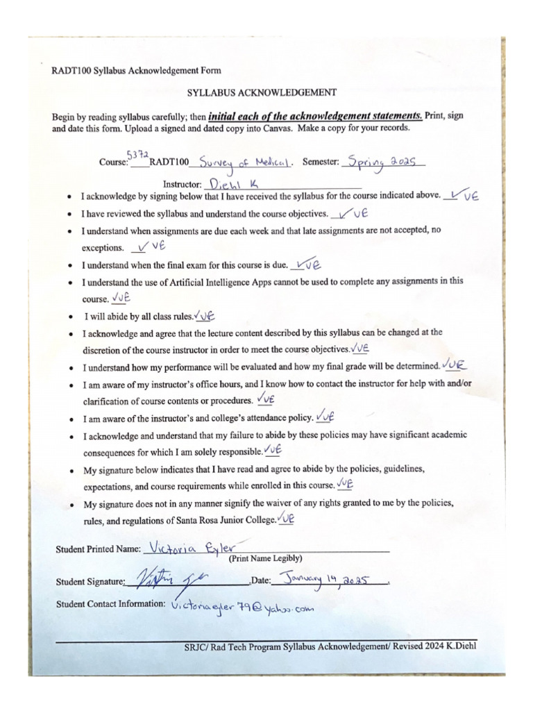 RADT100 Syllabus Acknowledgement Form | PDF