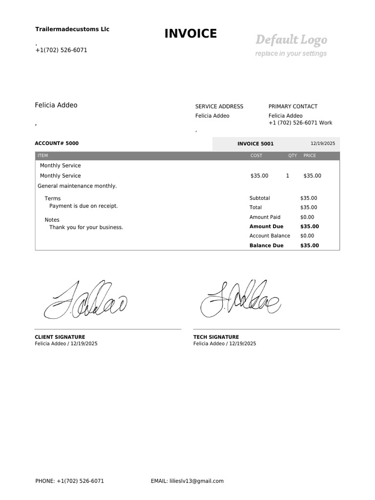 Invoice for Monthly Service - Felicia Addeo | PDF