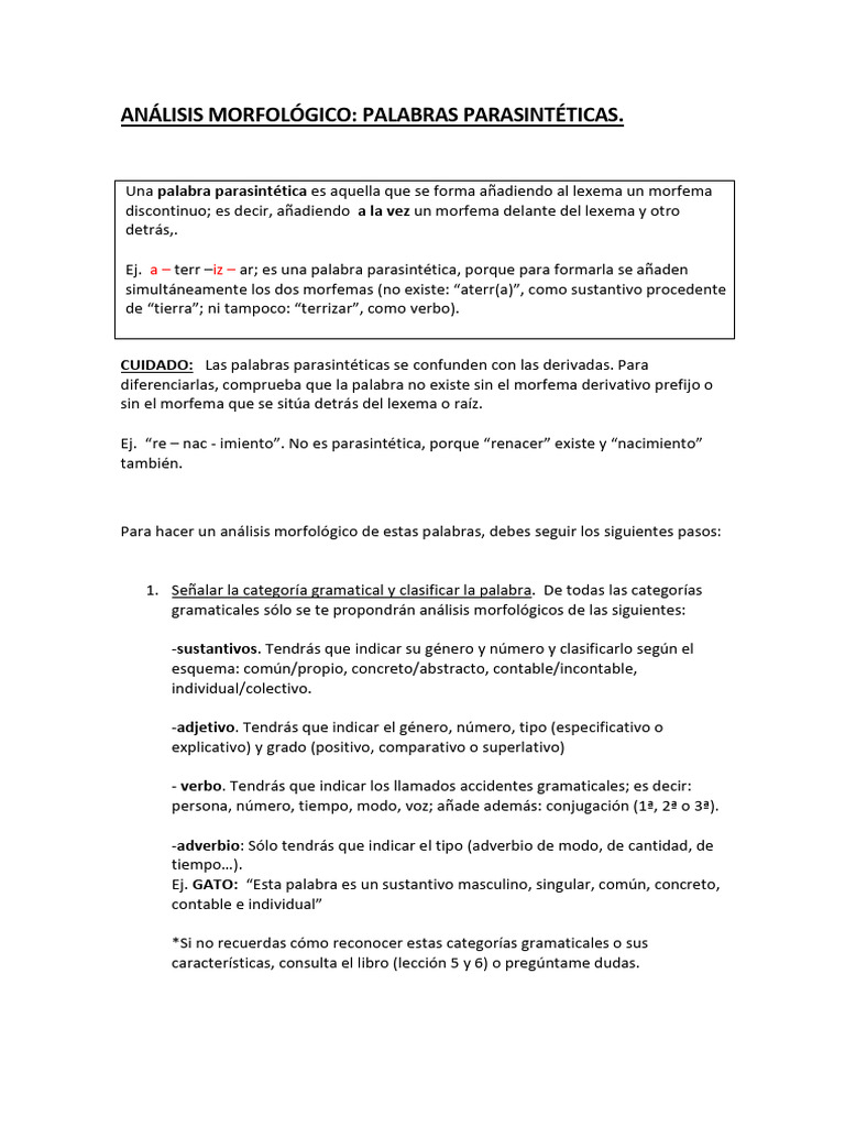 Análisis de Palabras Parasintéticas | PDF | Numero Gramatical | Palabra