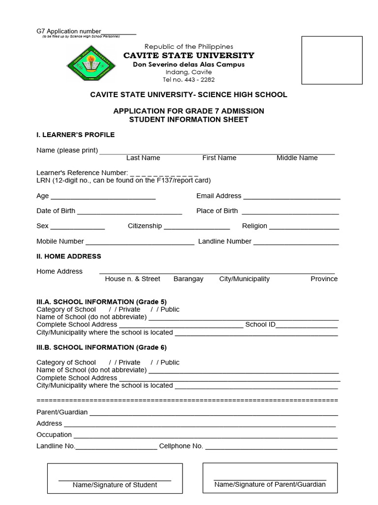Grade 7 Admission Application Form | PDF