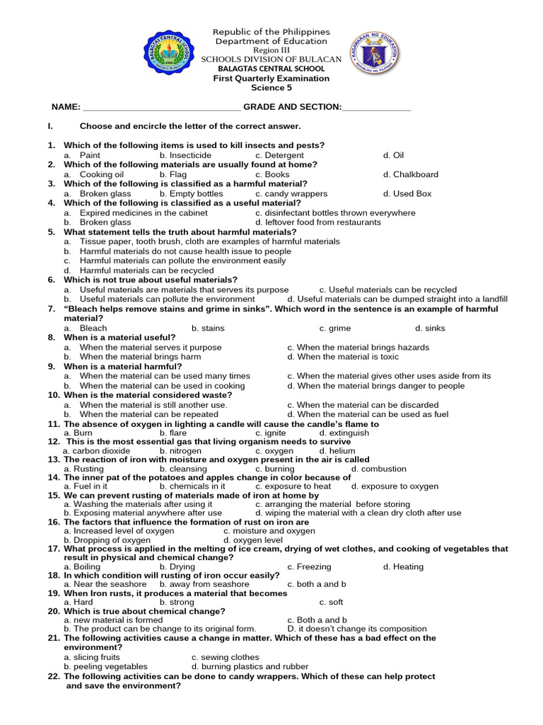 Science 5 First Quarterly Exam Guide | PDF | Oxygen | Combustion