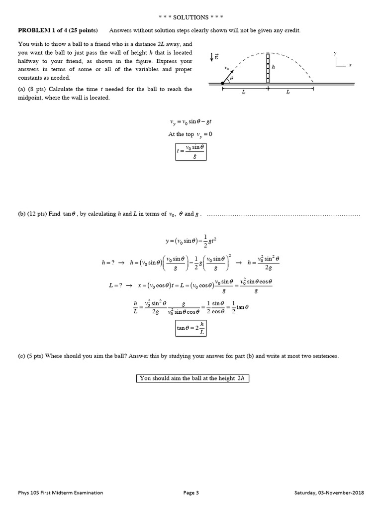 Physics Midterm Exam Solutions 2018 | PDF | Motion (Physics) | Physics