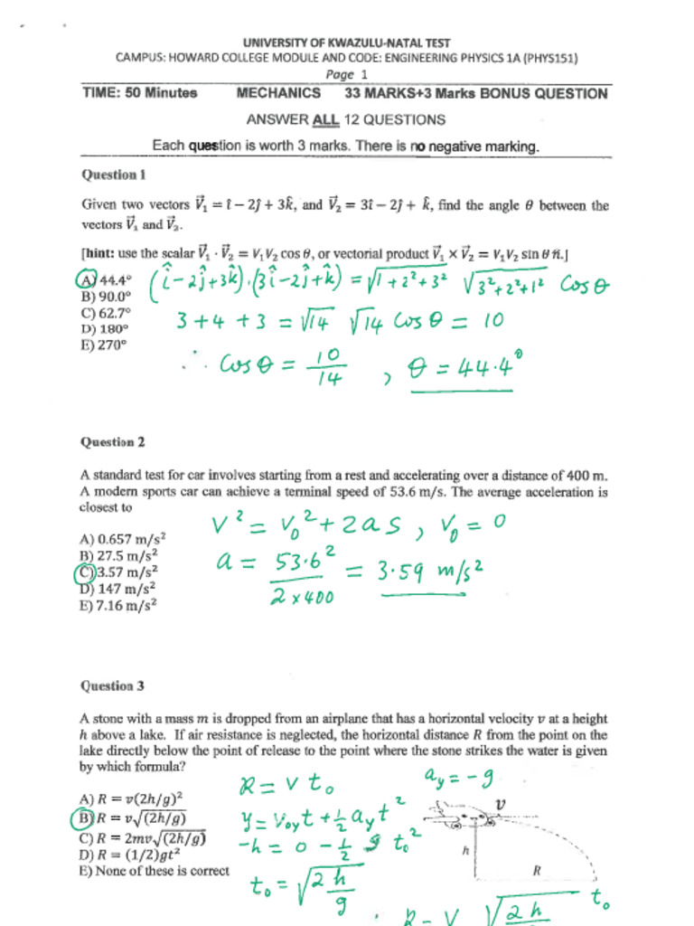 PHYS151 Test 1 Solutions 2025 | PDF