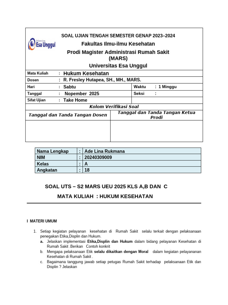Ade Lina Rukmana - 20240309009 - UTS Hukum Kesehatan | PDF