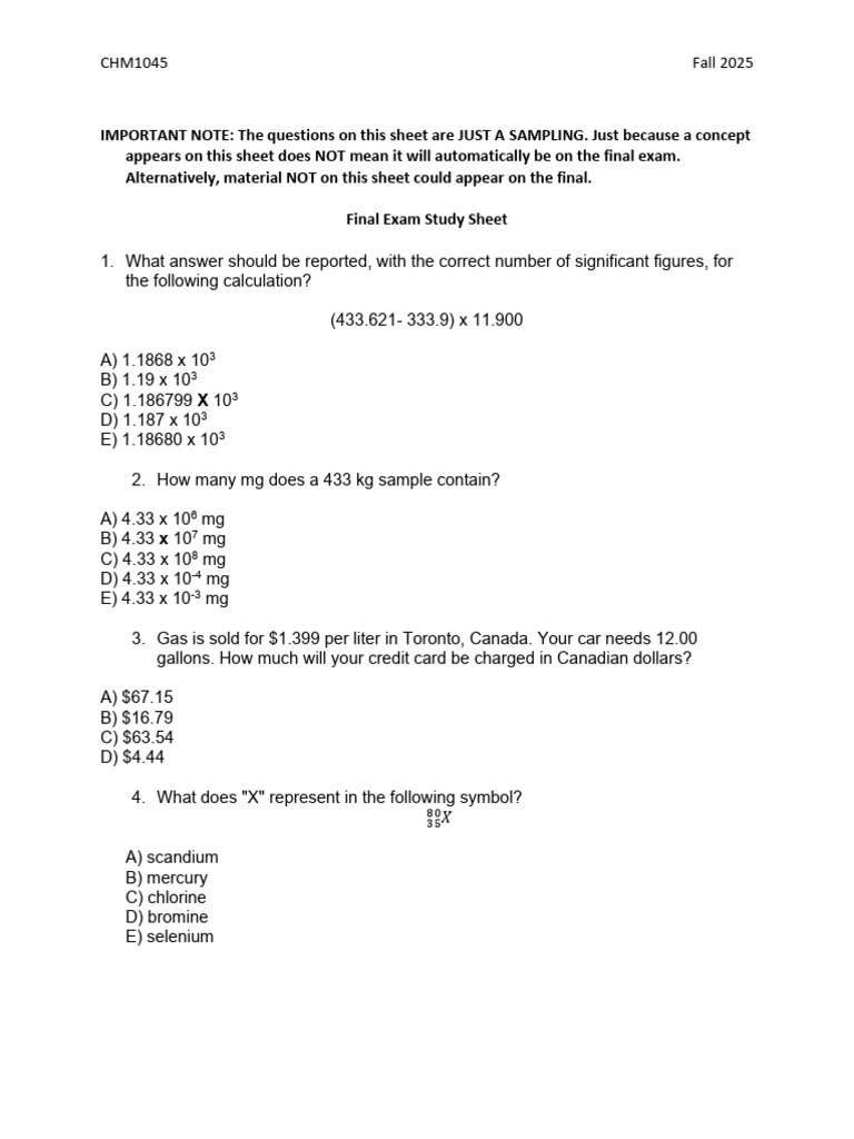 CHM1045 Fall 2025 Final Exam Study Guide | PDF | Electron Configuration ...