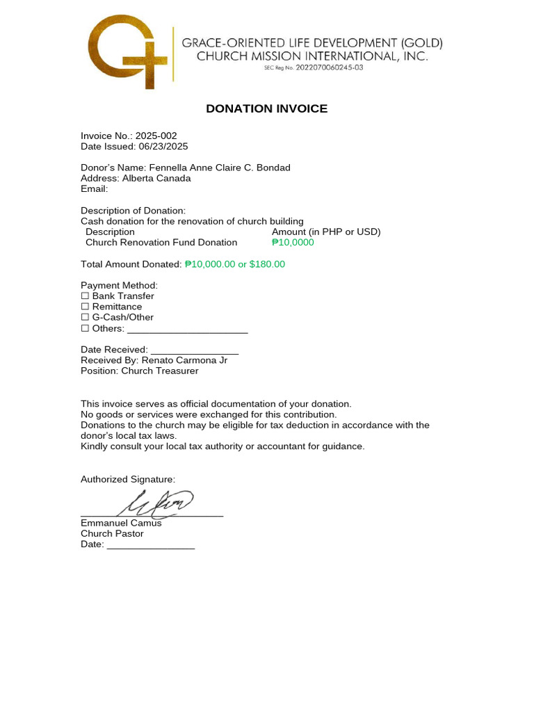 Church Donation Invoice 2025 | PDF