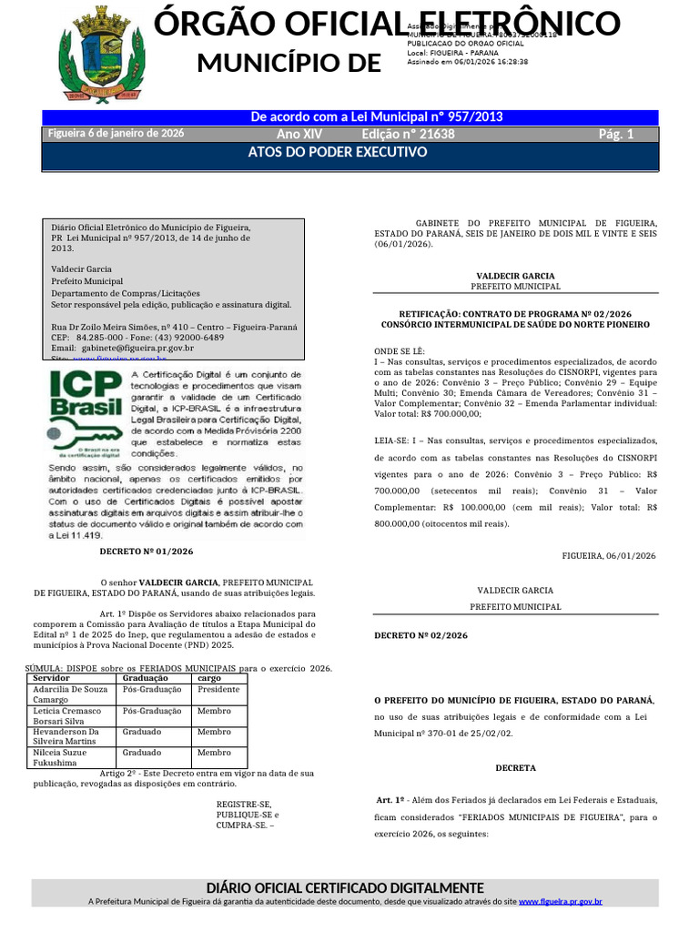 Atos do Poder Executivo de Figueira 2026 | PDF | Pedagogia | Lição