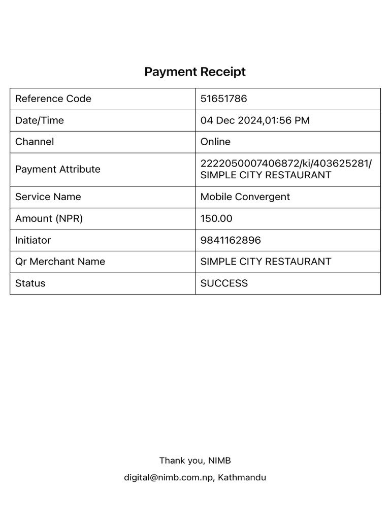 NIMB Payment Receipt for Simple City | PDF