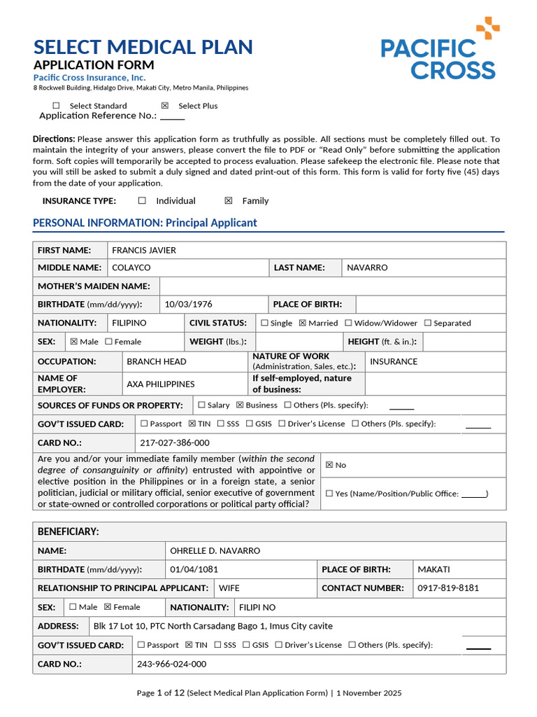 Select Application Francis Navarro | PDF | Insurance | Medicine