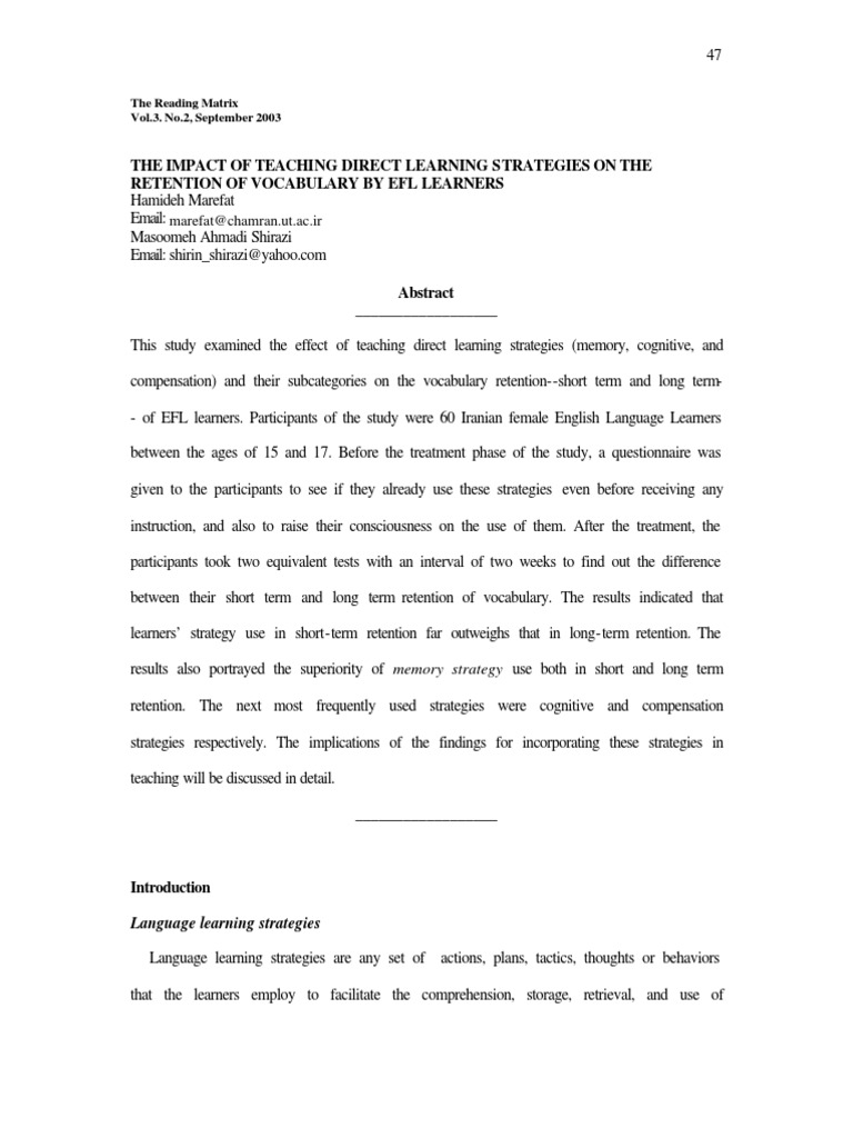 The Impact of Teaching Direct Learning Strategies On The Retention of ...