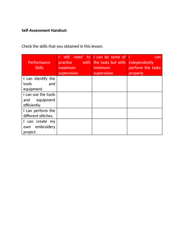 Embroidery Skills Self-Assessment Guide | PDF