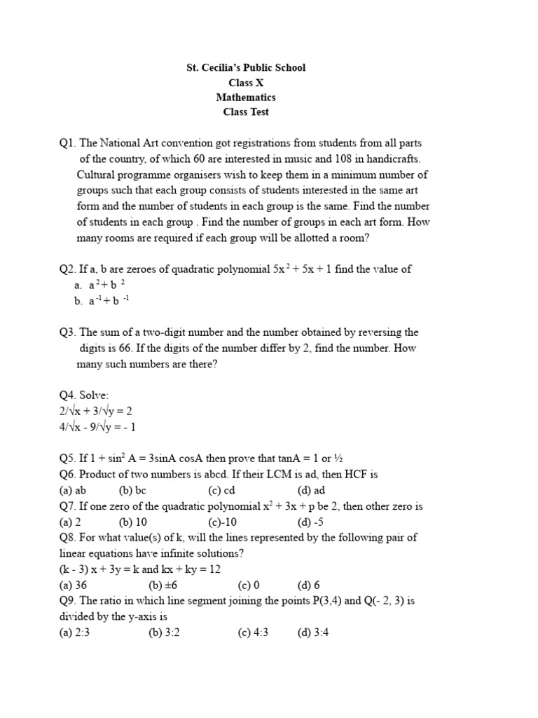 Class X Mathematics Test Questions | PDF