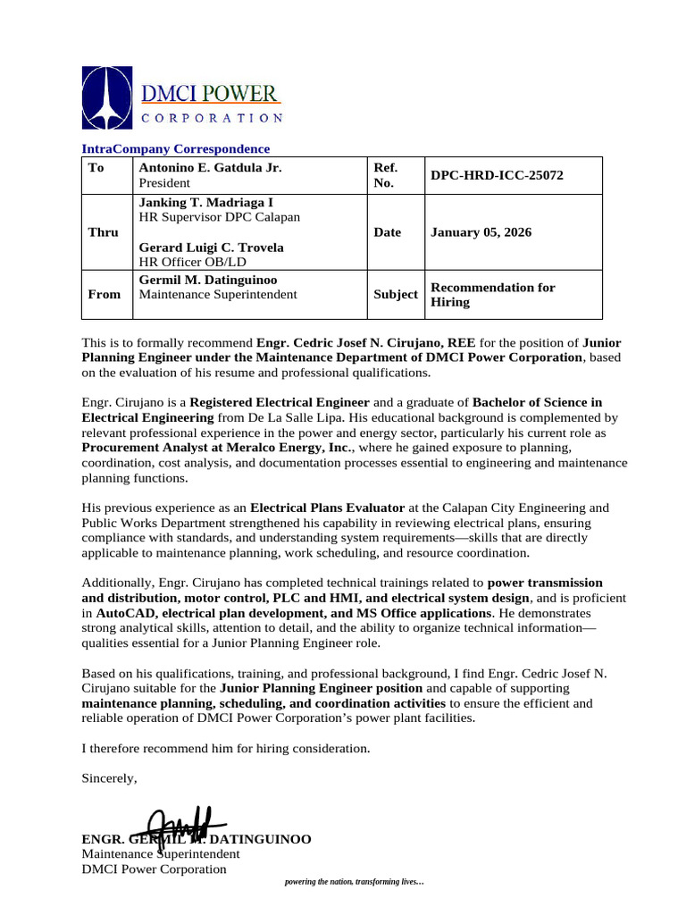 Recommendation for Junior Planning Engineer | PDF