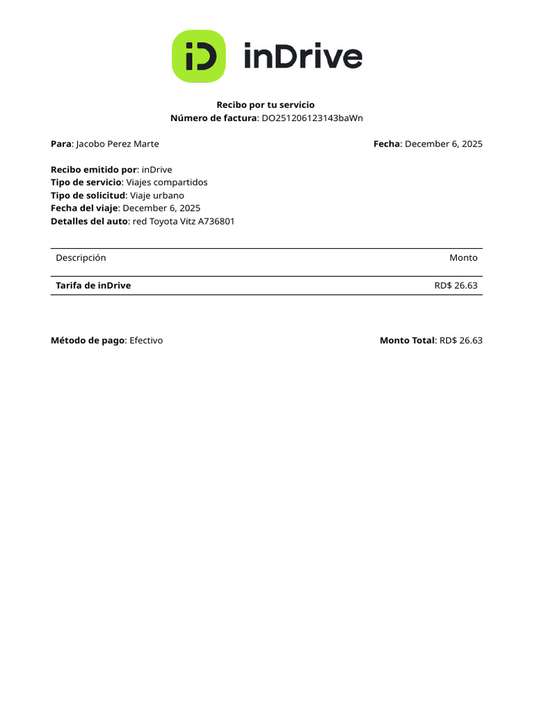 Recibo de Viaje Compartido inDrive | PDF