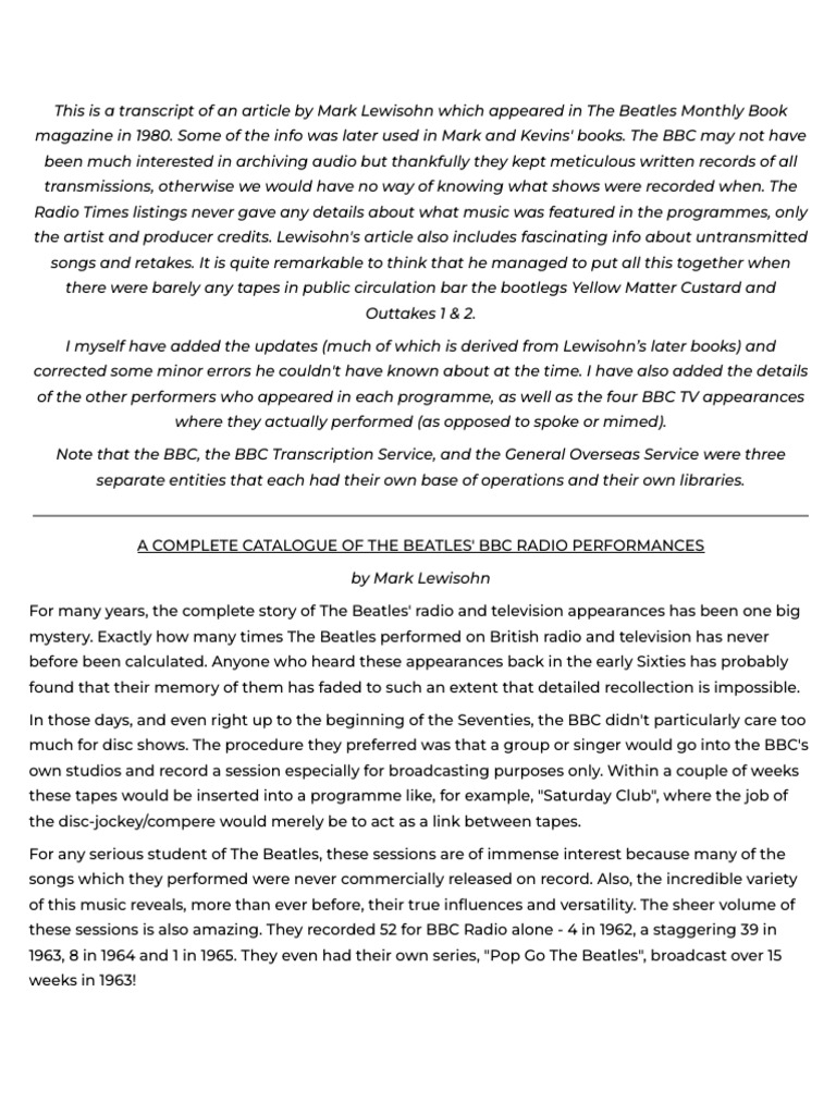 Complete Beatles BBC Radio Catalogue | PDF | The Beatles