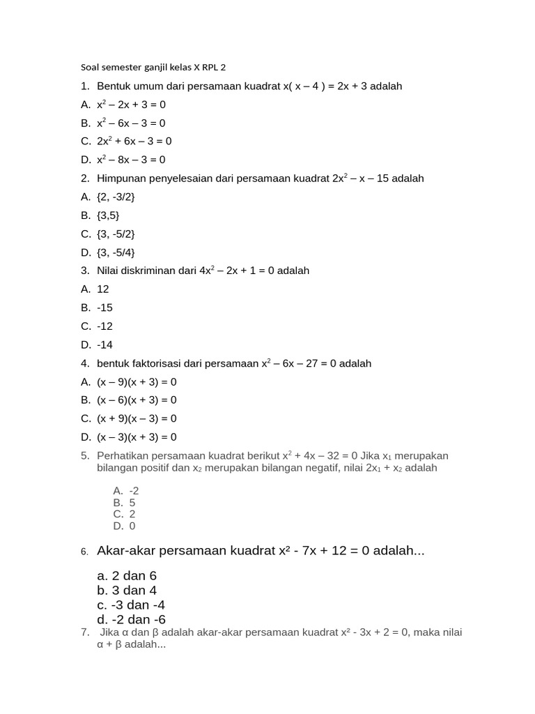 Soal Ujian Kuadrat Kelas X RPL 2 | PDF
