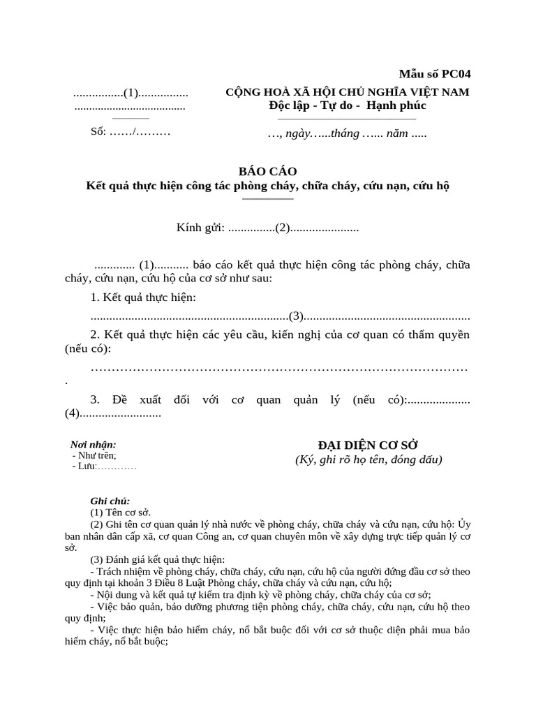 Mẫu Số PC04 - Báo Cáo Kết Quả Thực Hiện Công Tác PCCC, Cứu Nạn, Cứu Hộ ...