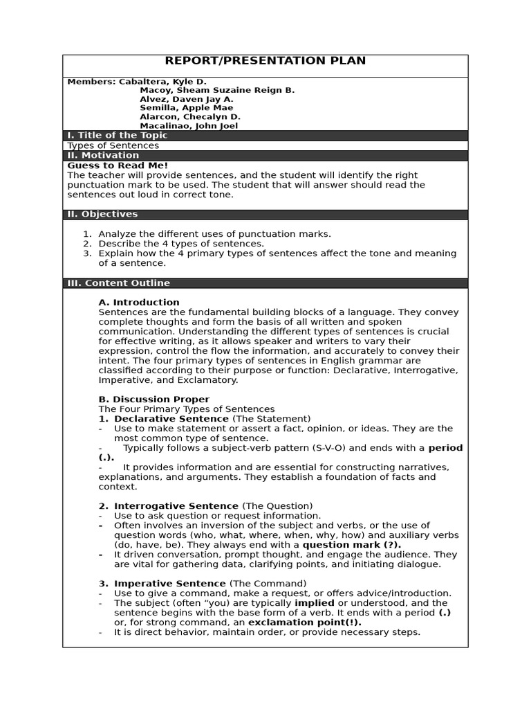 Ed1 Group 3 Presentation Plan For DEMO | PDF | Question | Sentence ...