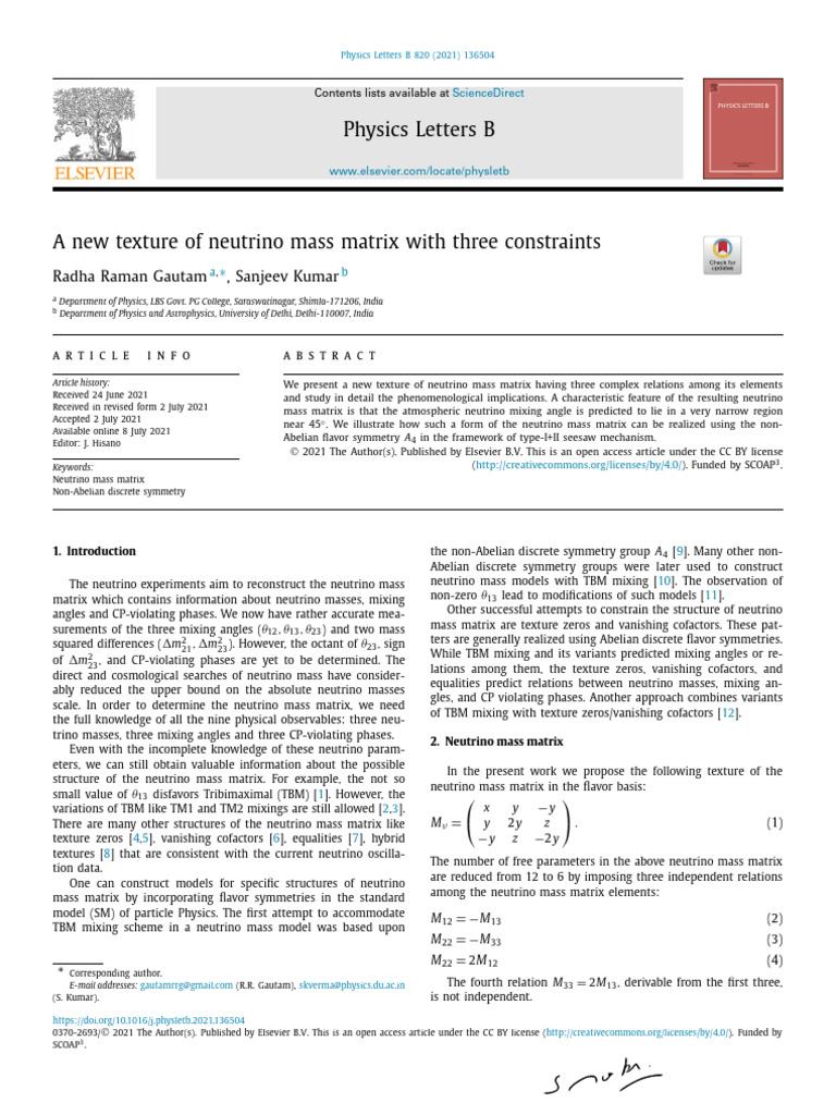 A new texture of neutrino mass matrix with three constraints | PDF ...