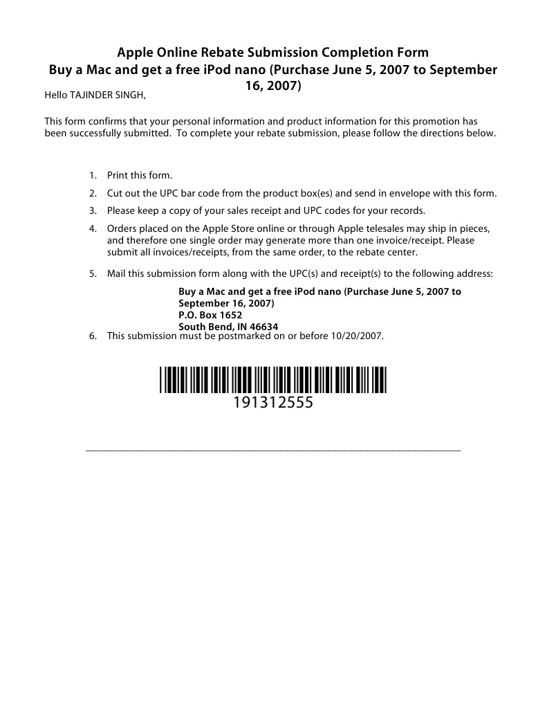 Apple Rebate Submission Confirmation Form | PDF