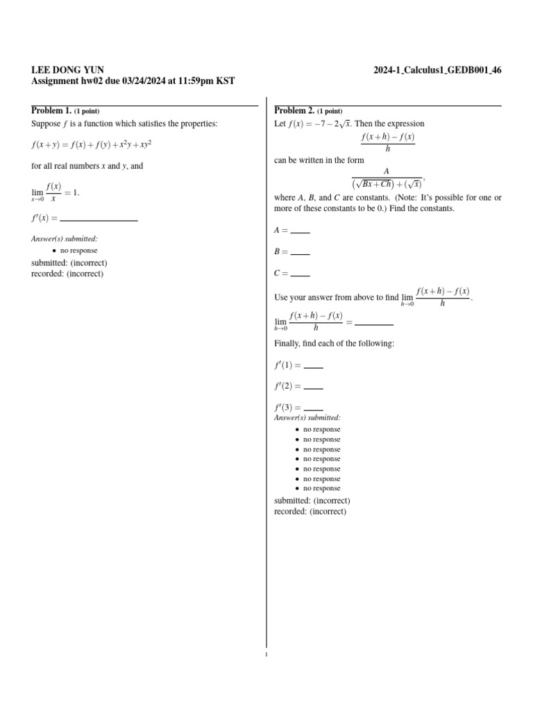 Calculus Assignment Problems and Solutions | PDF