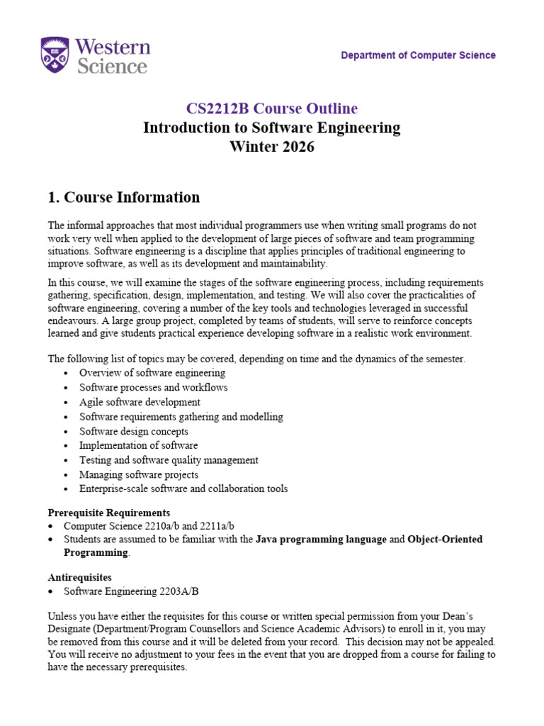 CS2212B Software Engineering Course Outline | PDF | Textbook | Software ...