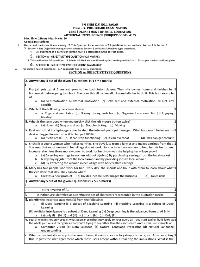 Class X AI Pre-Board Exam Paper | PDF | Artificial Intelligence ...